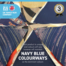 Load image into Gallery viewer, RECYCLED SARI FABRIC BUNTING | Navy Blue colours | 5m long | Garland for Garden Wedding Birthday Indoor Outdoor Party Decoration Festival | Diwali bunting | Bohemian Bunting | Fair Trade