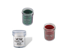 Load image into Gallery viewer, Wow Christmas Glitz Glitter Embossing Powder set Includes 3 x 15ml pots  WHITE, GREEN AND RED GLITZ | Free your creativity and give your embossing sparkle.