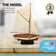 Load image into Gallery viewer, DETAILED WOODEN ASSEMBLED DISPLAY MODEL OPEN YACHT | Ready for display |Features adjustable rigging blocks sewn cotton sails raised gunwales and brass fittings | 62cm (H) x 44cm (L)