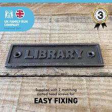 Load image into Gallery viewer, Cast Iron Antique Style LIBRARY PLAQUE SIGN | 15cm (L) x 4cm (H) | Ideal for bookshelves, walls, or doors