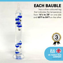 Load image into Gallery viewer, 30cm tall Free standing galileo thermometer with blue coloured baubles