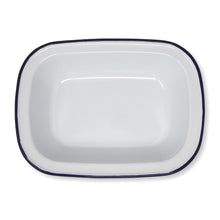 Load image into Gallery viewer, White 24cm oblong enamel Pie Dish with navy blue edging