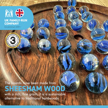 Load image into Gallery viewer, 22cm Diameter WOODEN SOLITAIRE BOARD GAME with BRILLIANT BLUE SWIRL GLASS MARBLES