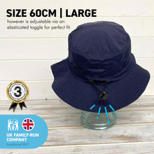 Load image into Gallery viewer, NAVY BLUE 60cm SHOWERPROOF BRIMMED TRILBY BUCKET STYLE HAT | Water-Repellent Bucket style Hat | 100% cotton | lightweight and breathable |foldable | Elasticated toggle for adjustable size