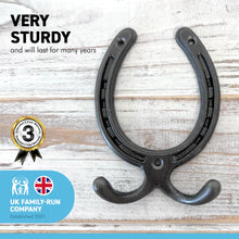 Load image into Gallery viewer, Handcrafted cast iron antique style HORSESHOE DOUBLE ROBE HOOK for hanging coats dog leads cabin hooks Bridle hooks