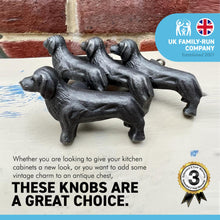 Load image into Gallery viewer, Pack of 4 CAST IRON ADORABLE DOG DRAWER KNOBS for Kitchen cupboards | Cast Iron Antique style finish | Vintage charm meets modern functionality | 6.5cm wide x 2cm depth