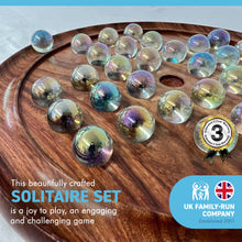Load image into Gallery viewer, 30cm Diameter WOODEN SOLITAIRE BOARD GAME with SOAP BUBBLE CLEAR PEARLESCENT GLASS MARBLES | classic wooden solitaire game | strategy board game | family board game | games for one | board games