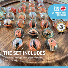 Load image into Gallery viewer, 22cm Diameter WOODEN SOLITAIRE BOARD GAME with TANGY ORANGE SWIRL GLASS MARBLES