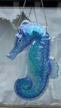 Load image into Gallery viewer, LARGE GLASS SEAHORSE WALL HANGING PLAQUE | Bathroom hanging ornament outdoor nautical glass decoration | Seaside décor | nautical décor | 44cm (L) x 26cm (W) | Bathroom wall art