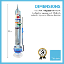 Load image into Gallery viewer, 33cm Tall GLASS GALILEO THERMOMETER with five coloured floating bauble globes | Centigrade and Fahrenheit display| Weather station | Barometer | Storm Glass | desk gadget