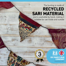 Load image into Gallery viewer, Recycled Sari Fabric RECYCLED SARI FABRIC BUNTING | Red colours | 5m long | Garland for Garden Wedding Birthday Indoor Outdoor Party Decoration Festival | Diwali bunting | Bohemian Bunting- Deep Reds 5m Long Festival Flags- Garland - Party Decoration