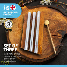 Load image into Gallery viewer, Indonesian three key Aura Chime on wooden base | 3 solid metal chimes | supplied with wooden beater | Sound Therapy | Space Clearing | Feng Shui | Zenergy Trio chime | Three bar aura chime | Energy Chime