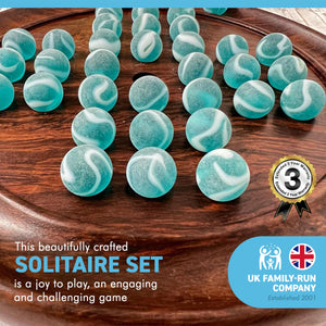 22cm Diameter WOODEN SOLITAIRE BOARD GAME with ICEBERG GLASS MARBLES