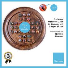 Load image into Gallery viewer, 22cm Diameter WOODEN SOLITAIRE BOARD GAME with TANGY ORANGE SWIRL GLASS MARBLES