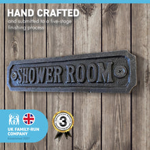 Load image into Gallery viewer, Cast Iron Antique Style SHOWER ROOM SIGN PLAQUE | 14.5cm (L) x 3cm (H) | supplied with Two Screws for Easy fixing