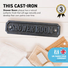 Load image into Gallery viewer, Cast Iron Antique Style SHOWER ROOM SIGN PLAQUE | 14.5cm (L) x 3cm (H) | supplied with Two Screws for Easy fixing