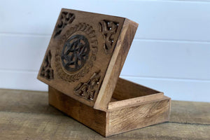Carved Pattern Distressed Burnt Wood Treasure Chest Trinket Box