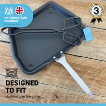 Load image into Gallery viewer, Traditional ash pan 33cm wide (13") with handle and heavyweight cast iron tongs | Ideal for Standard Sized fire grates | ash pan for open fires | ash pan for log burners| fire ash pan