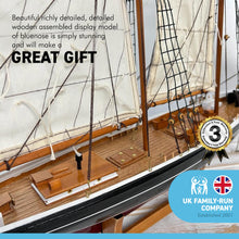 Load image into Gallery viewer, DETAILED WOODEN ASSEMBLED DISPLAY MODEL OF BLUENOSE CANADIAN FISHING RACING SCHOONER YACHT| Ready for display | adjustable rigging blocks sewn cotton sails | Length 80cm height 66cm