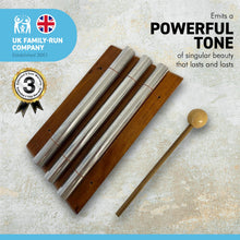 Load image into Gallery viewer, Indonesian three key Aura Chime on wooden base | 3 solid metal chimes | supplied with wooden beater | Sound Therapy | Space Clearing | Feng Shui | Zenergy Trio chime | Three bar aura chime | Energy Chime