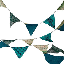 Load image into Gallery viewer, RECYCLED SARI FABRIC BUNTING | Green colours | 5m long | Garland for Garden Wedding Birthday Indoor Outdoor Party Decoration Festival | Diwali bunting | Bohemian Bunting