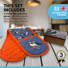 Load image into Gallery viewer, WOODEN PUFFIN DESIGN KEEPSAKE BOX and OVEN GLOVE CUTE PUFFIN SEA BIRD DOUBLE OVEN MITTS | Keepsake and Wooden Gift Boxes | Heat Resistant Kitchen Oven Mitts with Soft Quilted Cotton Lining Filling