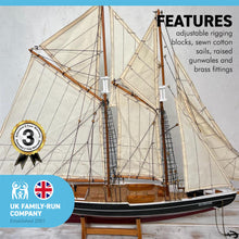 Load image into Gallery viewer, DETAILED WOODEN ASSEMBLED DISPLAY MODEL OF BLUENOSE CANADIAN FISHING RACING SCHOONER YACHT| Ready for display | adjustable rigging blocks sewn cotton sails | Length 80cm height 66cm