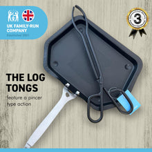 Load image into Gallery viewer, Traditional ash pan – 28cm wide (11") with handle and heavyweight cast iron tongs | Ideal for Standard Sized fire grates | ash pan for open fires | ash pan for log burners| fire ash pan