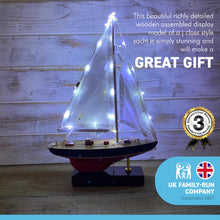 Load image into Gallery viewer, Illuminated detailed wooden assembled display model of a J Class style Yacht | LED lights along the mast and sails | ready for display | adjustable rigging blocks sewn cotton sails | length 25cm height 36cm