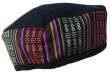 Load image into Gallery viewer, Blue Tibetan Trim smoking / thinking / lounging cap with multicoloured  band Size Large