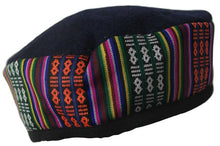 Load image into Gallery viewer, Blue Tibetan Trim smoking / thinking / lounging cap with multicoloured  band Size Large
