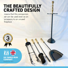 Load image into Gallery viewer, Large brass handled metal 5-piece fireside companion set | Fire companion sets | includes stand, brush, tongs, poker, and shovel | 63cm high