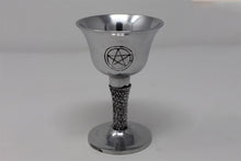 Load image into Gallery viewer, Silver coloured gothic goblet chalice with magic pentagram symbol perfect for use as a home altar piece / wiccan / wicca / meditation / gothic