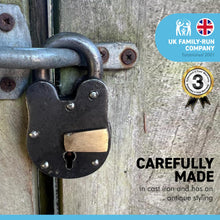 Load image into Gallery viewer, HEAVYWEIGHT CAST ANTIQUE STYLE IRON METAL PADLOCK | Love Padlock | Industrial Style Padlock | Key Padlock | Shed padlock | Gate Padlock | 9cm x 6cm | 2 Keys | Pirates Treasure Chest Padlock