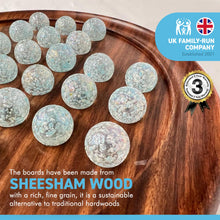 Load image into Gallery viewer, 30cm Diameter WOODEN SOLITAIRE BOARD GAME with SNOWFLAKE WHITE and AQUA GLASS MARBLES | |classic wooden solitaire game | strategy board game | family board game | games for one | board games
