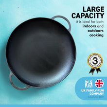 Load image into Gallery viewer, Cast Iron 14” diameter Paella Pan | Large skillet Frying Pan | Prospector style pan | 35cm diameter | Non-stick induction paella pan | Paella Pan for BBQ | Indoor or Outdoor use
