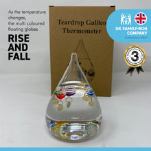 Load image into Gallery viewer, TEAR DROP shaped GALILEO THERMOMETER with five floating globes
