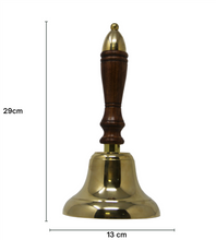 Load image into Gallery viewer, Wooden handled Solid Brass School Hand Bell with Split Ring Attachment | Dinner | Reception| School | Last Orders | Library Bell | Fire Bell | Christmas bell | 29cm high x 13cm diameter