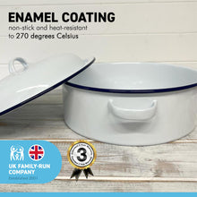 Load image into Gallery viewer, White 26cm diameter enamel roaster with navy blue edging | supplied with matching lid  | Tableware | casserole roasting oven dishes | Traditional classic style | baking bakeware