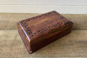 Carved Pattern Dark Wood Treasure Chest Trinket Box