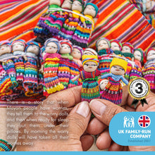 Load image into Gallery viewer, Set of 5 Guatemalan handmade Worry Dolls with a colourful crafted storage bag
