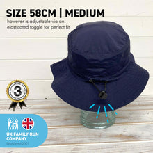 Load image into Gallery viewer, NAVY BLUE 58CM SHOWERPROOF BRIMMED TRILBY BUCKET STYLE HAT | Water-Repellent Bucket style Hat | 100% cotton | lightweight and breathable |foldable | Elasticated toggle for adjustable size