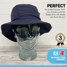 Load image into Gallery viewer, NAVY BLUE 58CM SHOWERPROOF BRIMMED TRILBY BUCKET STYLE HAT | Water-Repellent Bucket style Hat | 100% cotton | lightweight and breathable |foldable | Elasticated toggle for adjustable size