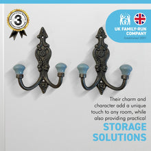 Load image into Gallery viewer, Set of 2 CAST IRON FRENCH STYLE DOUBLE ORNATE HOOKS | Duck Egg Blue Ceramic Ball Tops | Cloakroom Hook | Decorative Double Hook, hat and coat hook | 15cm x 11cm. .