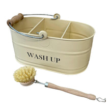 Load image into Gallery viewer, Cornish cream colour kitchen sink enamel washing up sink tidy with wooden handled brush