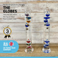 Load image into Gallery viewer, Set of Two 30cm Tall Free Standing Galileo Thermometers each with seven floating globes | measures temperatures from 16 degrees Centigrade to 28 degrees | also in Fahrenheit | Weather station