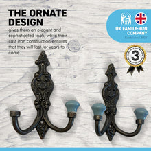 Load image into Gallery viewer, Set of 2 CAST IRON FRENCH STYLE DOUBLE ORNATE HOOKS | Duck Egg Blue Ceramic Ball Tops | Cloakroom Hook | Decorative Double Hook, hat and coat hook | 15cm x 11cm. .