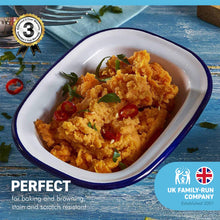 Load image into Gallery viewer, White 24cm oblong enamel Pie Dish with navy blue edging