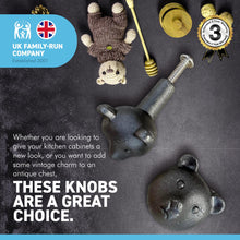 Load image into Gallery viewer, Pack of 2 CAST IRON BEAR FACE DRAWER KNOBS for Kitchen cupboards | Cast Iron Antique style finish | Vintage charm meets modern functionality | 3cm wide x 2cm depth |