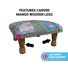 Load image into Gallery viewer, Classic turquoise patchwork brocade Indian footstool